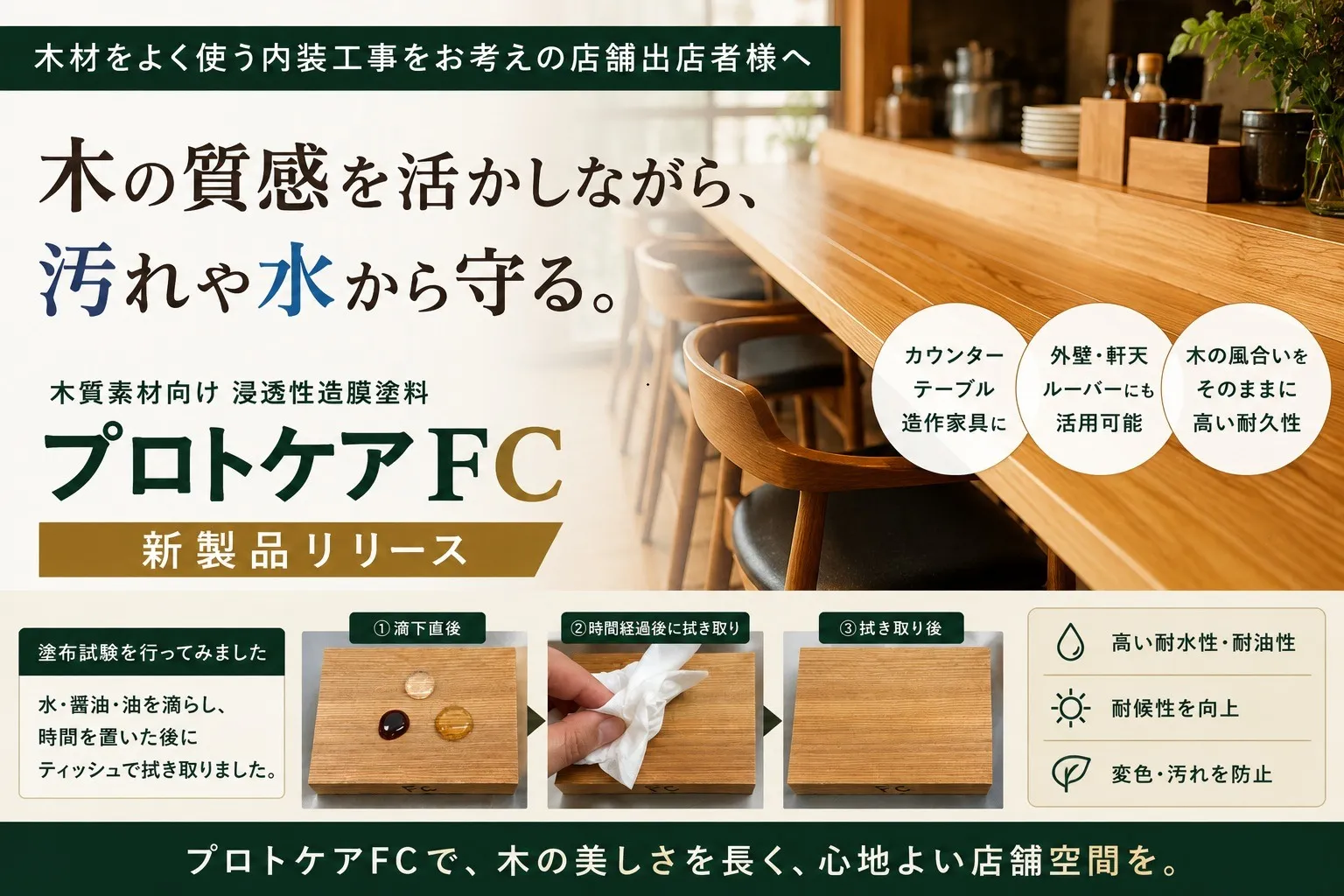 木製カウンター・テーブルの汚れ対策に｜木の質感を活かす「プロトケアFC」を店舗内装に